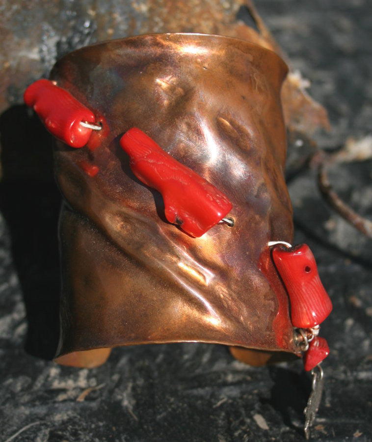 Wide Copper Cuff with Red Coral